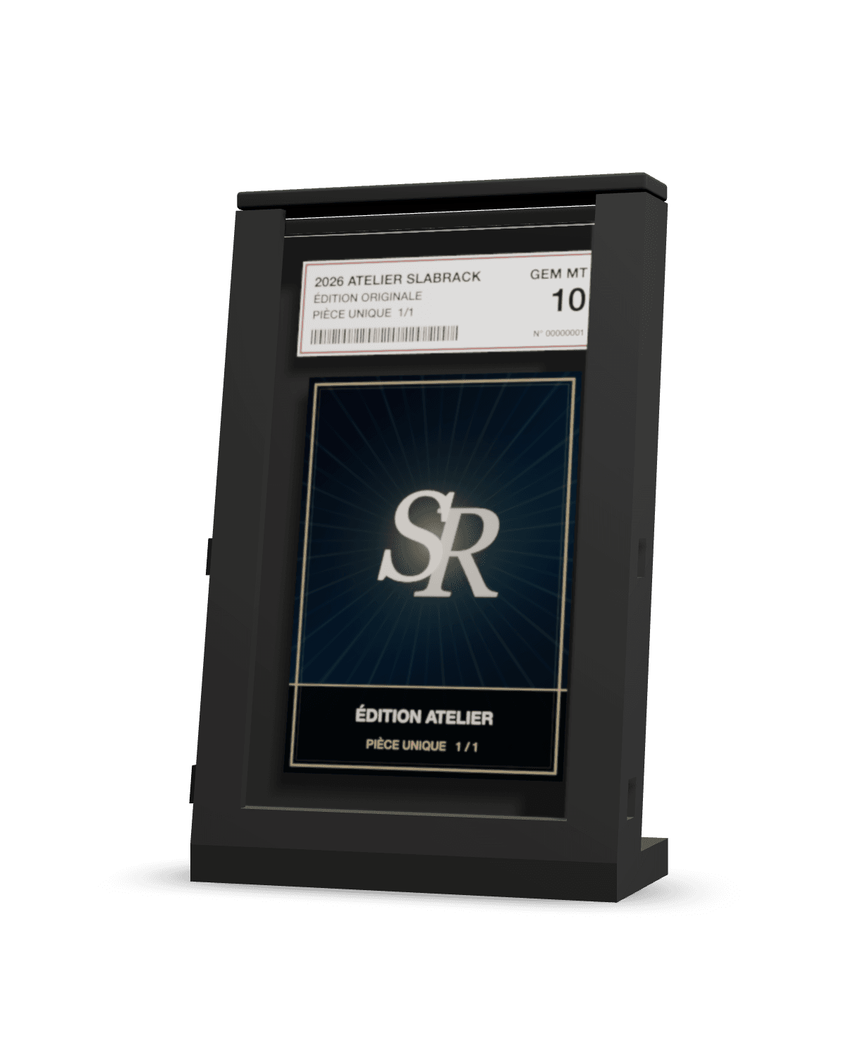 Écrin Portrait incliné en noir, couvercle posé, avec un slab glissé dedans