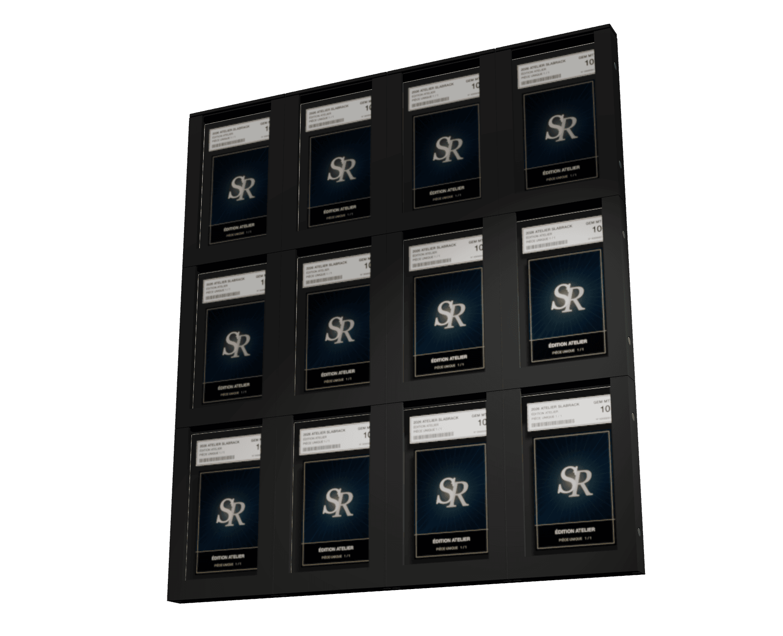 Twelve black stands built into a wall, four wide and three levels high, a slab in each