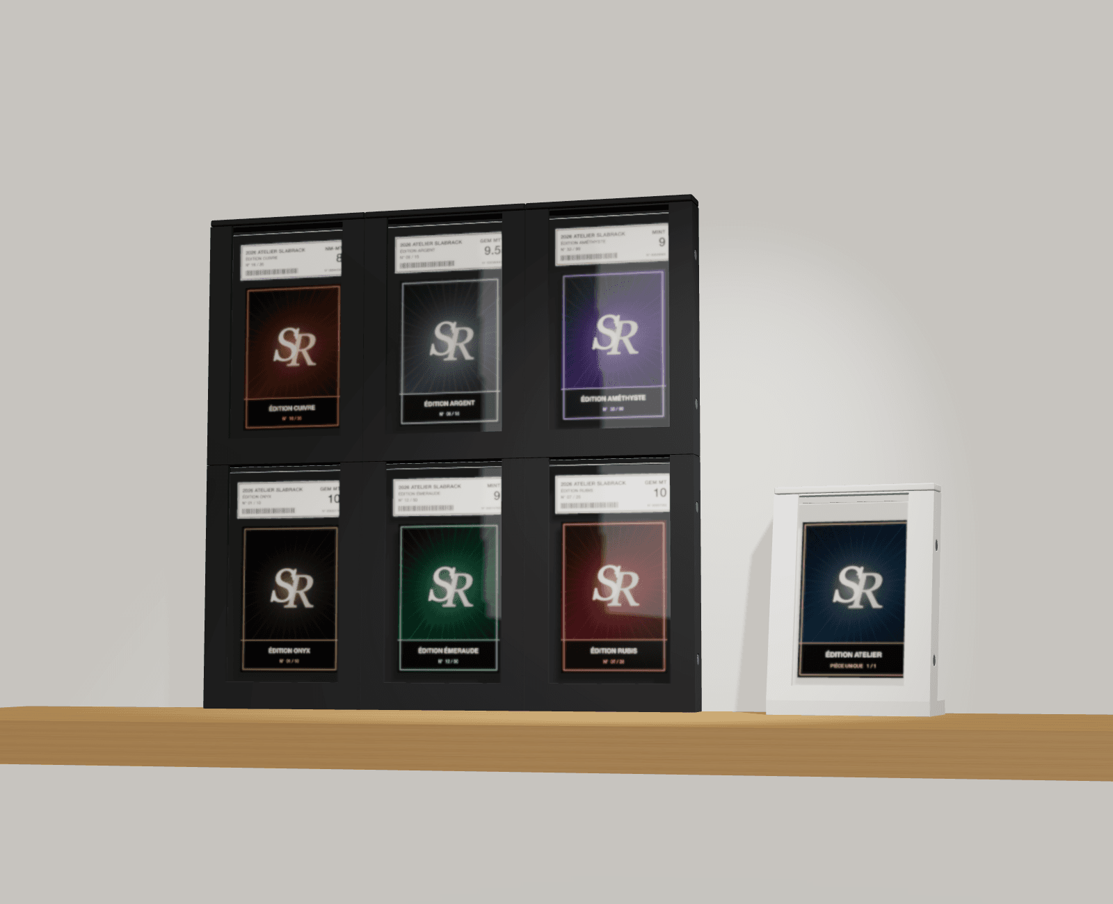 Six black stands stacked two levels high against the back of a shelf, next to a white stand holding a magnetic holder